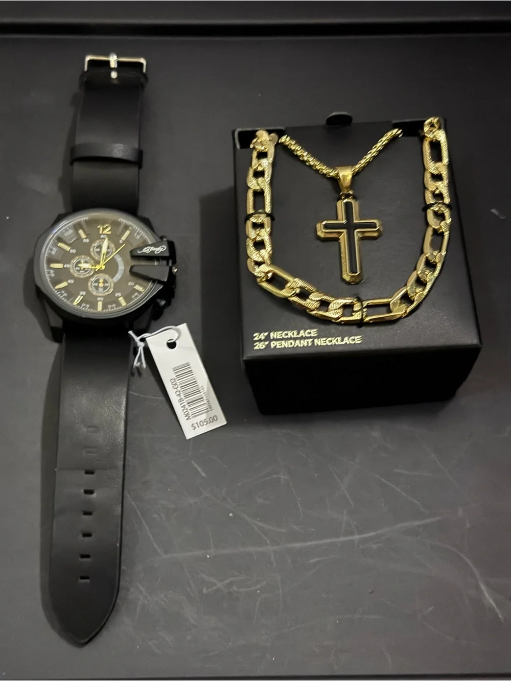 Ed Hardy Black and Gold Watch with Gold Cross Necklace Set